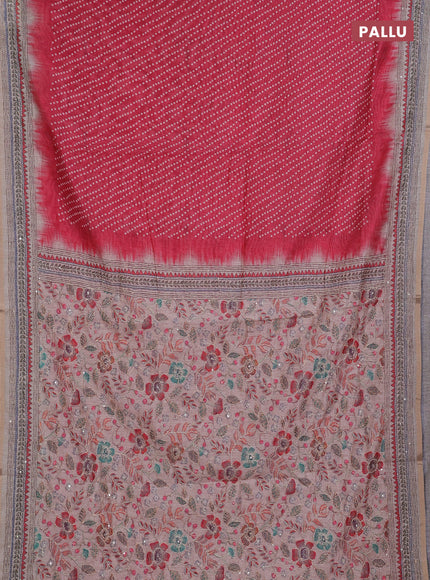 Semi linen saree red and beige with allover bandhani prints and embroidery pallu & border