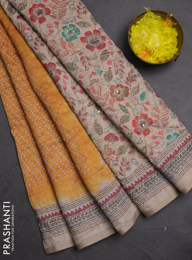 Semi linen saree mustard yellow and beige with allover bandhani prints and embroidery pallu & border