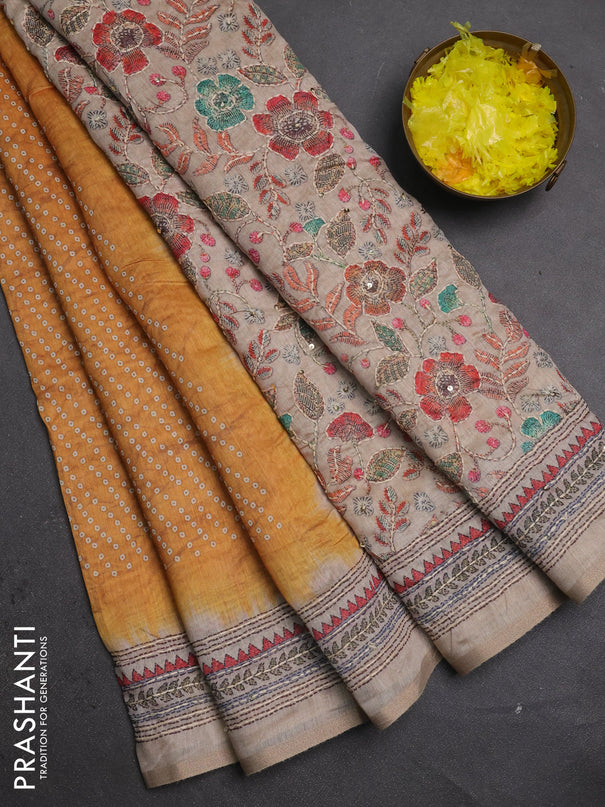 Semi linen saree mustard yellow and beige with allover bandhani prints and embroidery pallu & border