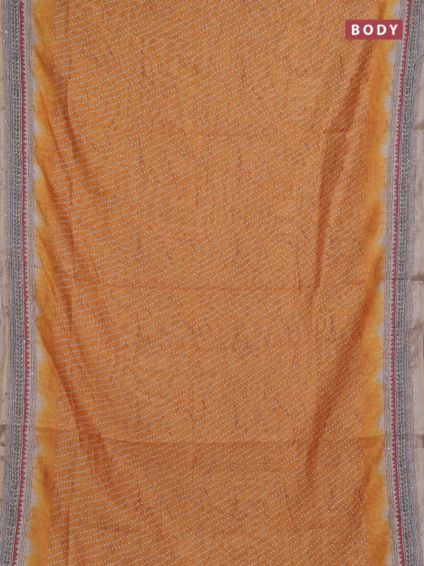 Semi linen saree mustard yellow and beige with allover bandhani prints and embroidery pallu & border