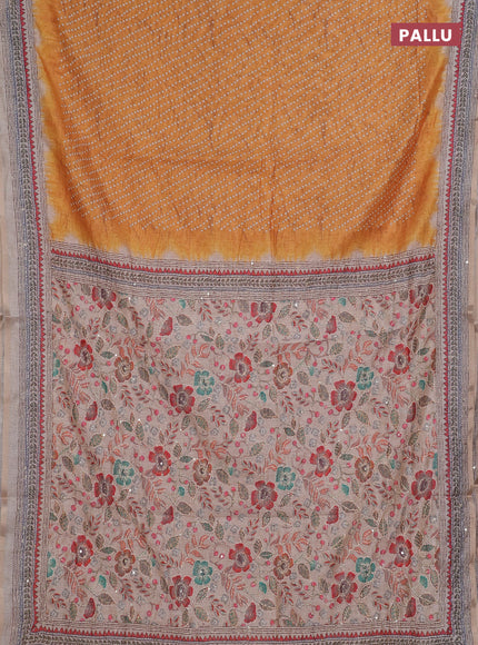 Semi linen saree mustard yellow and beige with allover bandhani prints and embroidery pallu & border