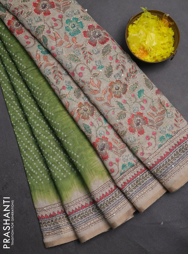 Semi linen saree green and beige with allover bandhani prints and embroidery pallu & border