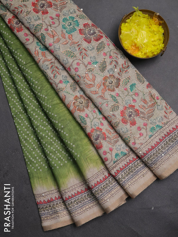 Semi linen saree green and beige with allover bandhani prints and embroidery pallu & border
