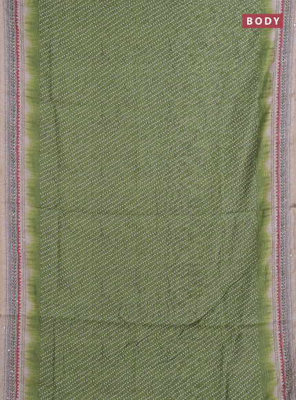 Semi linen saree green and beige with allover bandhani prints and embroidery pallu & border