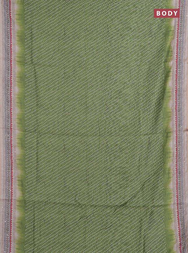 Semi linen saree green and beige with allover bandhani prints and embroidery pallu & border