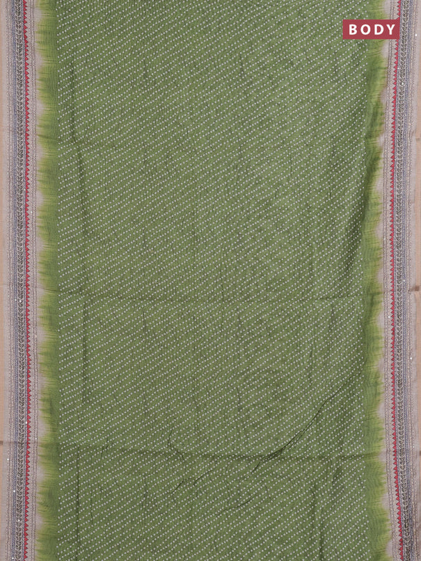 Semi linen saree green and beige with allover bandhani prints and embroidery pallu & border