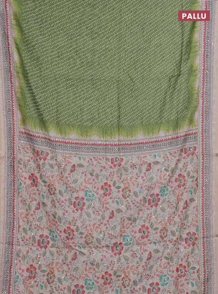 Semi linen saree green and beige with allover bandhani prints and embroidery pallu & border
