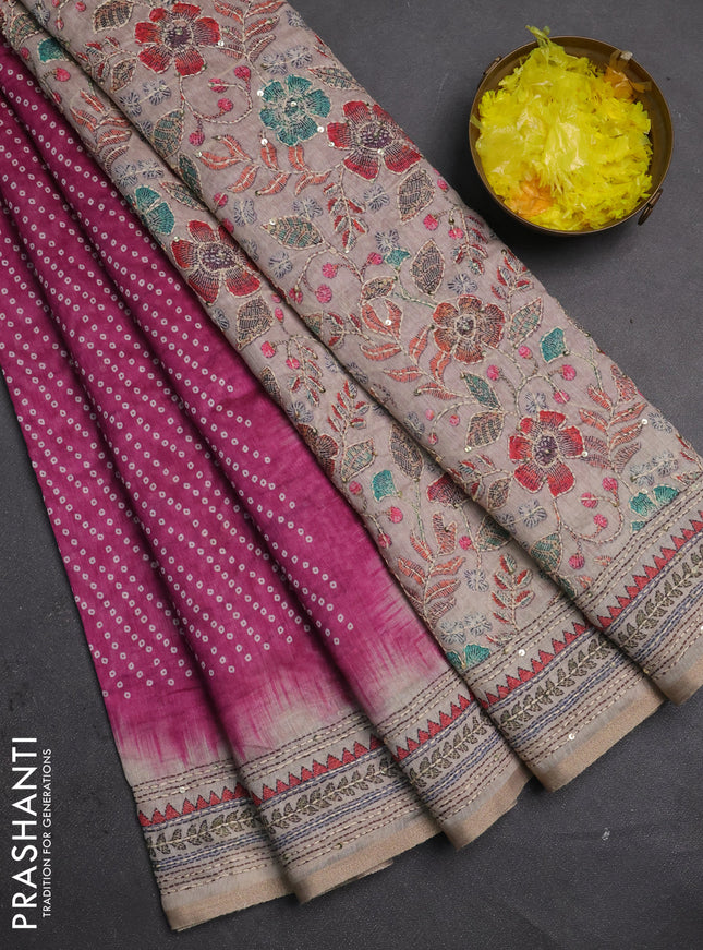 Semi linen saree pink and beige with allover bandhani prints and embroidery pallu & border