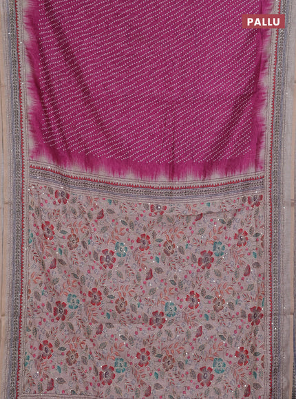 Semi linen saree pink and beige with allover bandhani prints and embroidery pallu & border