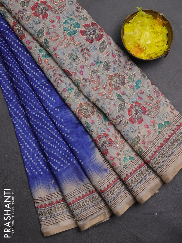 Semi linen saree blue and beige with allover bandhani prints and embroidery pallu & border