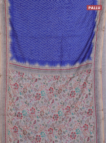 Semi linen saree blue and beige with allover bandhani prints and embroidery pallu & border