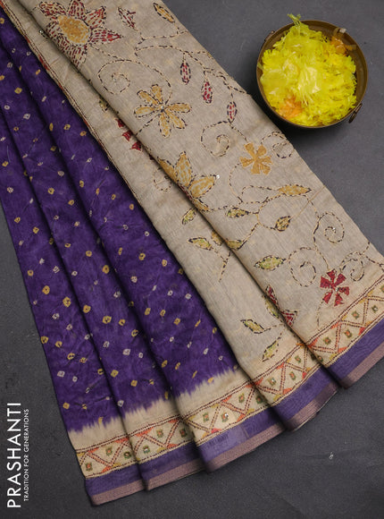Semi linen saree violet and beige with allover bandhani prints and embroidery pallu & border