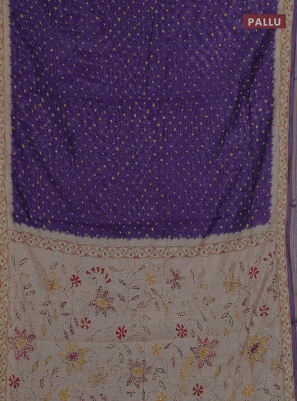 Semi linen saree violet and beige with allover bandhani prints and embroidery pallu & border