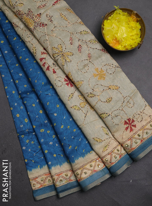 Semi linen saree peacock blue and beige with allover bandhani prints and embroidery pallu & border