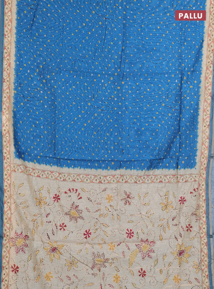 Semi linen saree peacock blue and beige with allover bandhani prints and embroidery pallu & border