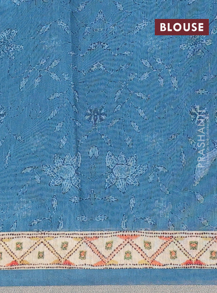 Semi linen saree peacock blue and beige with allover bandhani prints and embroidery pallu & border