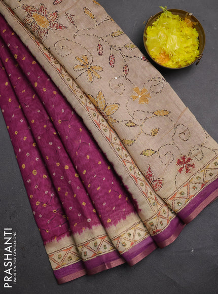 Semi linen saree pink and beige with allover bandhani prints and embroidery pallu & border