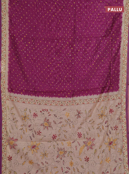 Semi linen saree pink and beige with allover bandhani prints and embroidery pallu & border