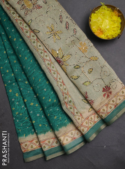 Semi linen saree green and beige with allover bandhani prints and embroidery pallu & border