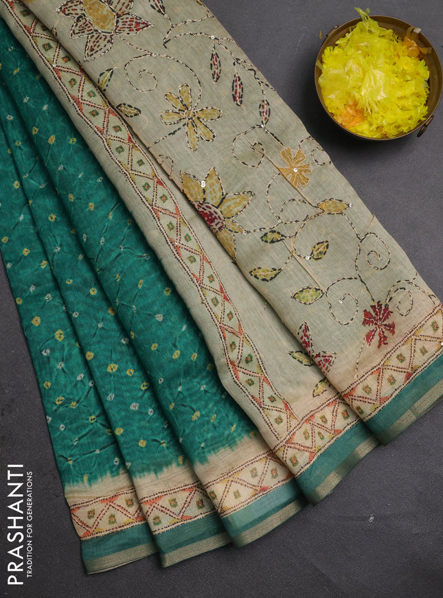Semi linen saree green and beige with allover bandhani prints and embroidery pallu & border