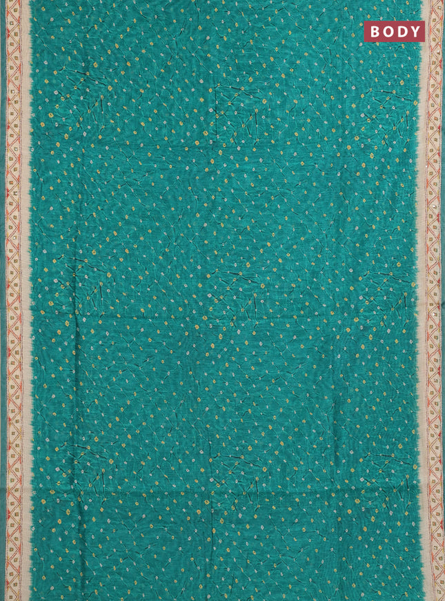 Semi linen saree green and beige with allover bandhani prints and embroidery pallu & border