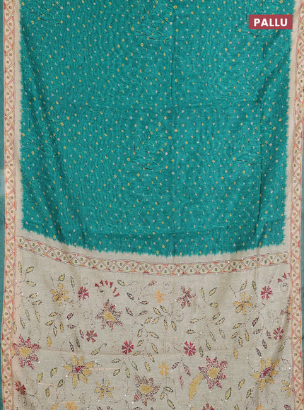 Semi linen saree green and beige with allover bandhani prints and embroidery pallu & border