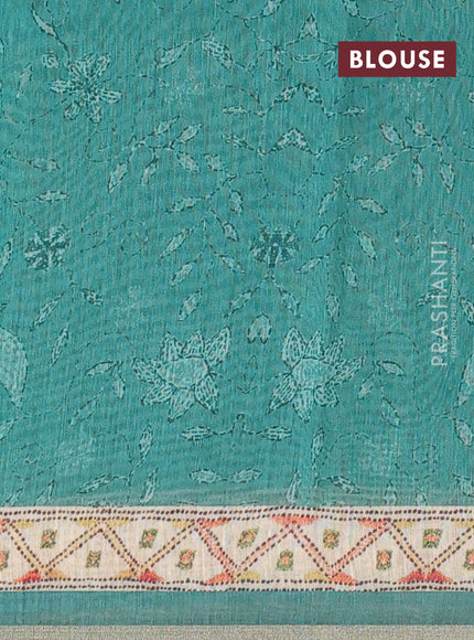 Semi linen saree green and beige with allover bandhani prints and embroidery pallu & border