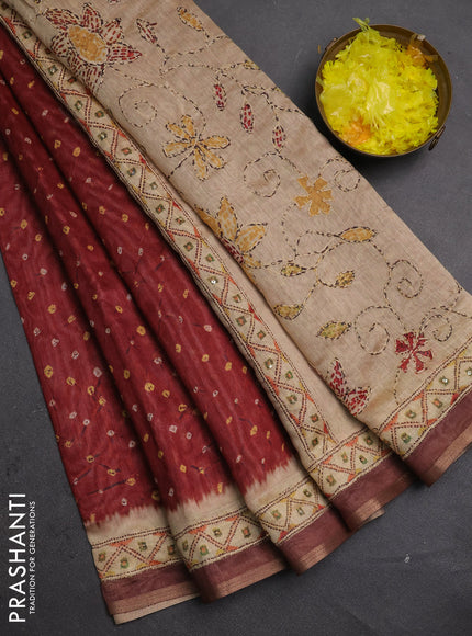 Semi linen saree maroon and beige with allover bandhani prints and embroidery pallu & border