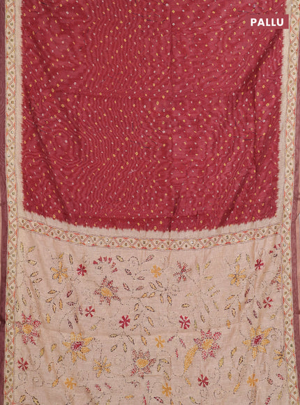 Semi linen saree maroon and beige with allover bandhani prints and embroidery pallu & border