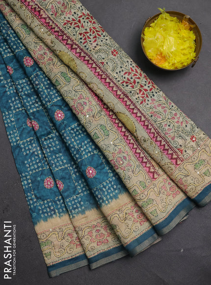Semi linen saree peacock green and beige with allover bandhani prints & embroidery work and embroidery pallu & border