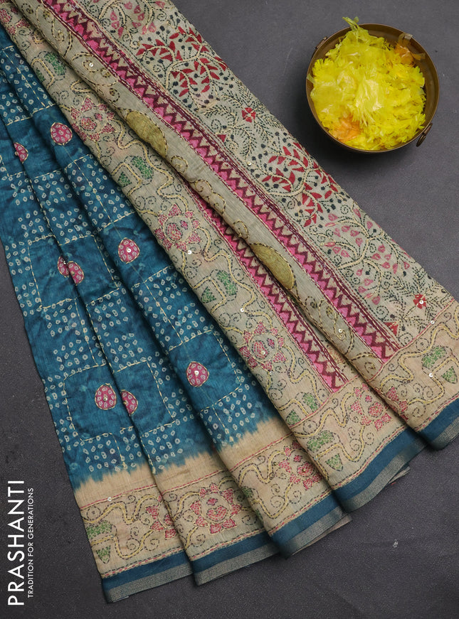 Semi linen saree peacock green and beige with allover bandhani prints & embroidery work and embroidery pallu & border