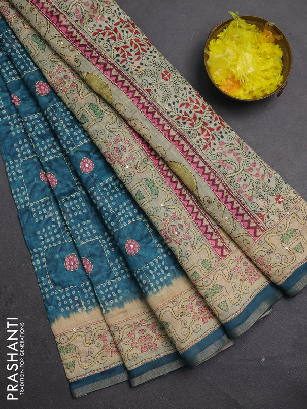 Semi linen saree peacock green and beige with allover bandhani prints & embroidery work and embroidery pallu & border