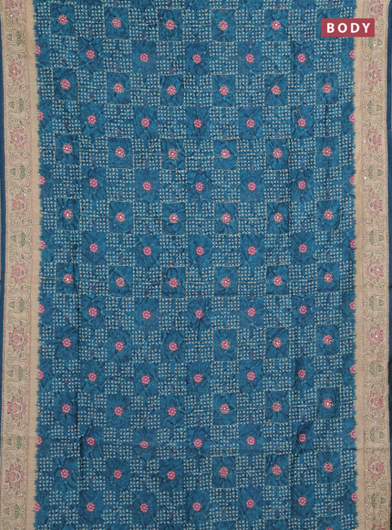 Semi linen saree peacock green and beige with allover bandhani prints & embroidery work and embroidery pallu & border