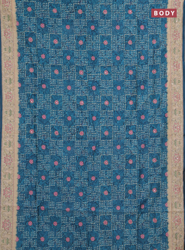 Semi linen saree peacock green and beige with allover bandhani prints & embroidery work and embroidery pallu & border