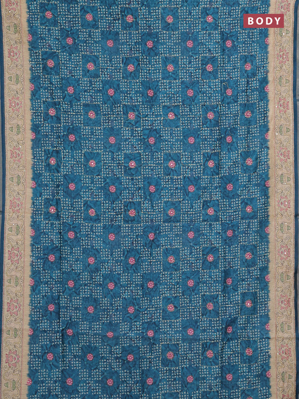 Semi linen saree peacock green and beige with allover bandhani prints & embroidery work and embroidery pallu & border