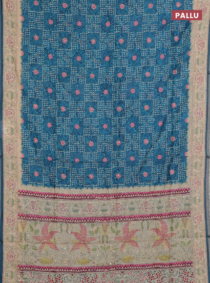Semi linen saree peacock green and beige with allover bandhani prints & embroidery work and embroidery pallu & border