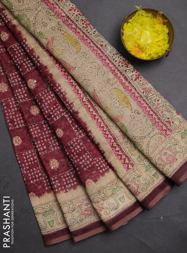 Semi linen saree maroon and beige with allover bandhani prints & embroidery work and embroidery pallu & border