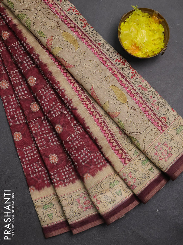 Semi linen saree maroon and beige with allover bandhani prints & embroidery work and embroidery pallu & border