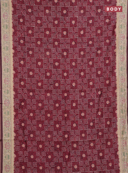 Semi linen saree maroon and beige with allover bandhani prints & embroidery work and embroidery pallu & border