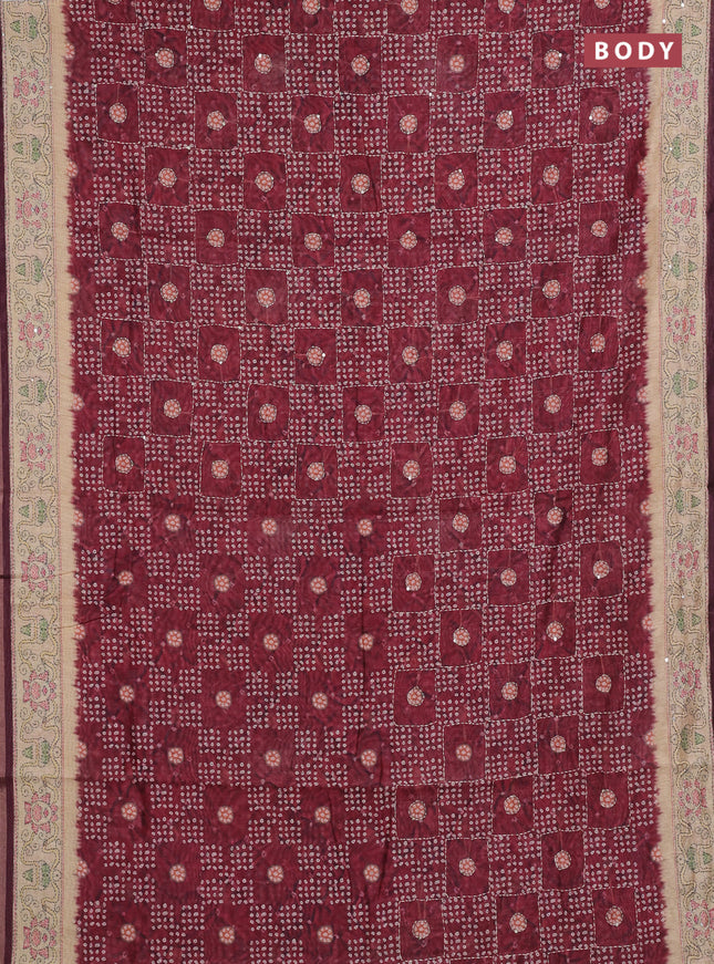 Semi linen saree maroon and beige with allover bandhani prints & embroidery work and embroidery pallu & border