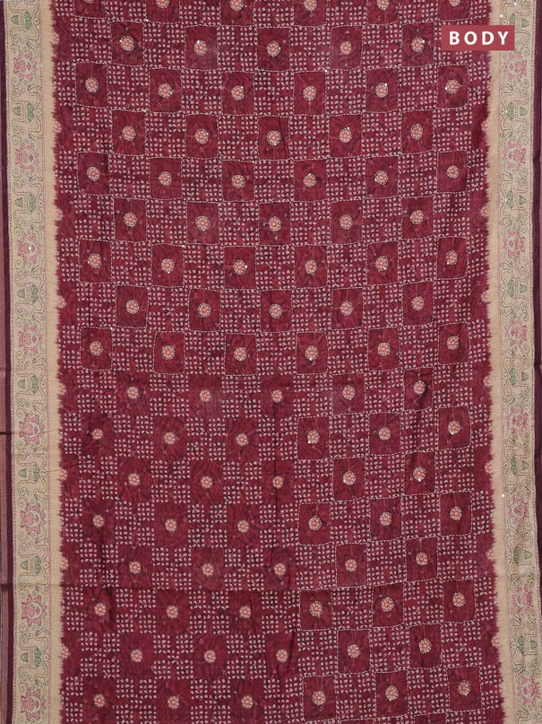 Semi linen saree maroon and beige with allover bandhani prints & embroidery work and embroidery pallu & border