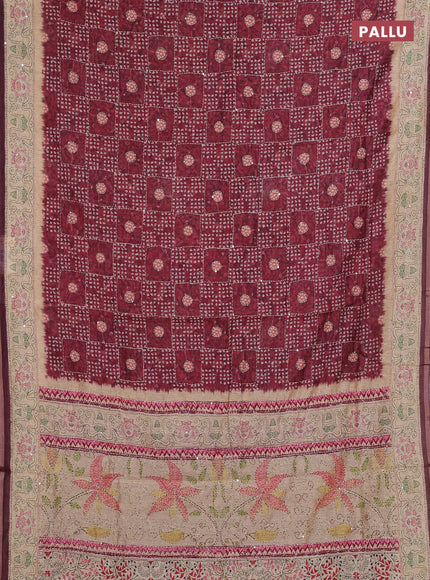 Semi linen saree maroon and beige with allover bandhani prints & embroidery work and embroidery pallu & border