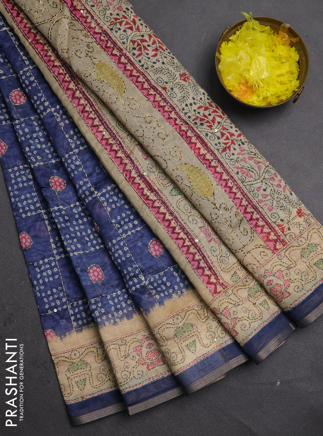 Semi linen saree navy blue and beige with allover bandhani prints & embroidery work and embroidery pallu & border