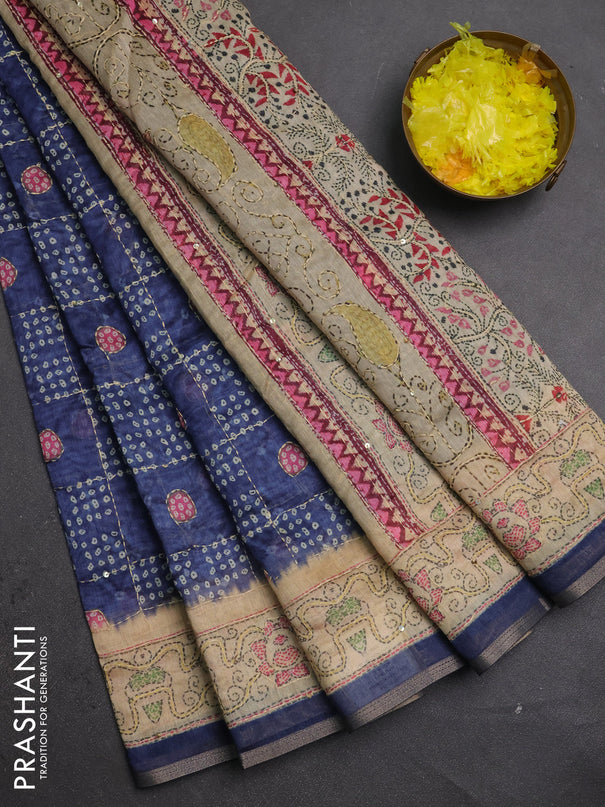 Semi linen saree navy blue and beige with allover bandhani prints & embroidery work and embroidery pallu & border