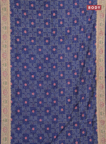 Semi linen saree navy blue and beige with allover bandhani prints & embroidery work and embroidery pallu & border