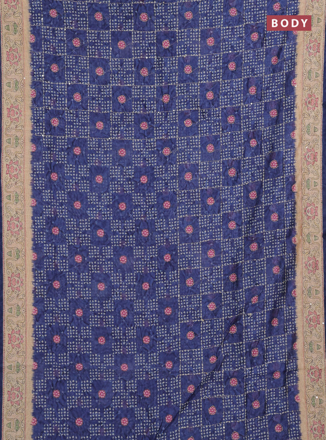 Semi linen saree navy blue and beige with allover bandhani prints & embroidery work and embroidery pallu & border