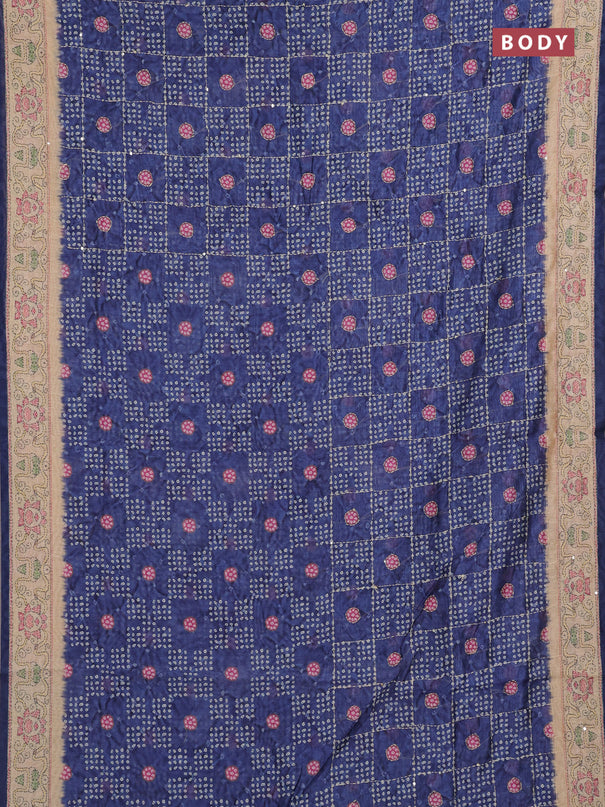 Semi linen saree navy blue and beige with allover bandhani prints & embroidery work and embroidery pallu & border