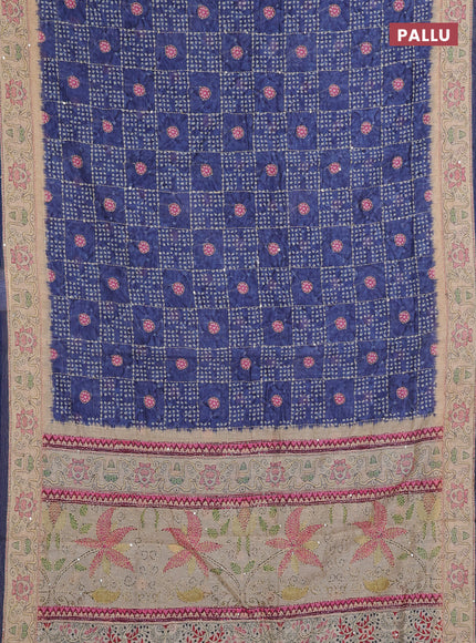 Semi linen saree navy blue and beige with allover bandhani prints & embroidery work and embroidery pallu & border