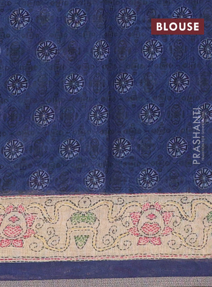 Semi linen saree navy blue and beige with allover bandhani prints & embroidery work and embroidery pallu & border