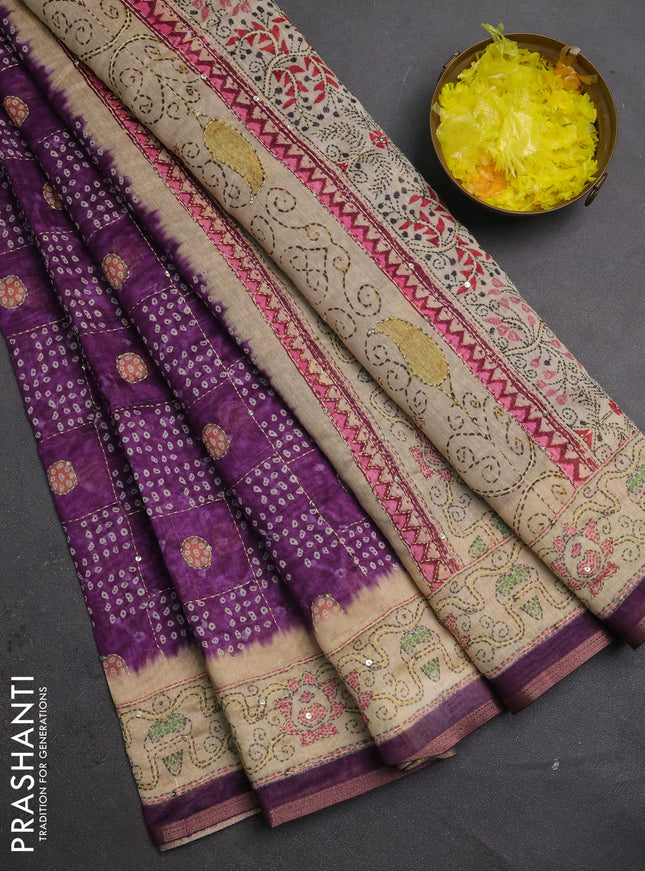 Semi linen saree purple and beige with allover bandhani prints & embroidery work and embroidery pallu & border